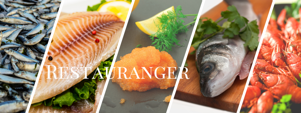 Urval av fiskar och skaldjur med texten restaurang